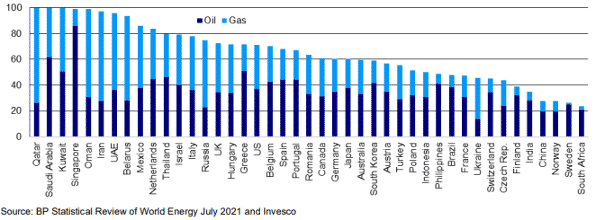Graf: Podíl spotřeby primární energie z ropy a zemního plynu v roce 2020 (%)