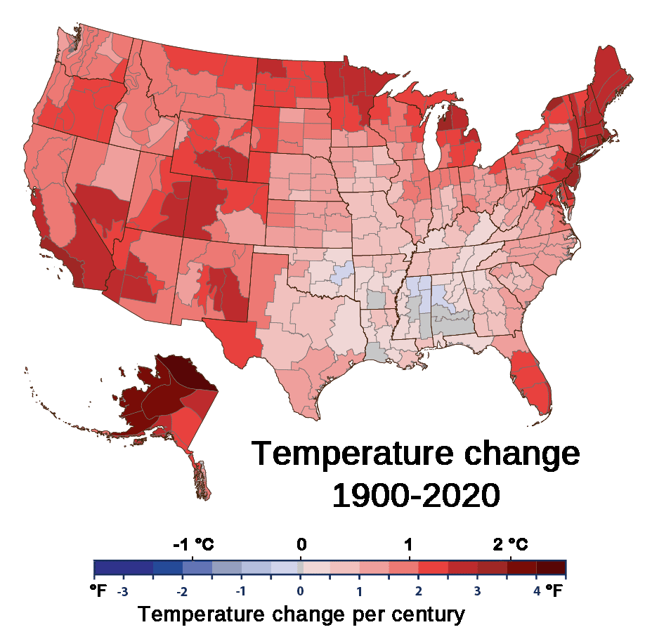 Mapa změny teploty v jednotlivých státech USA.