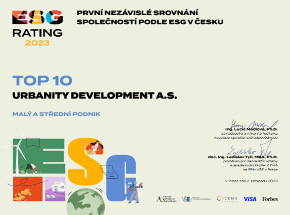 Obrázek: Certifikát ESG Rating 2023, Urbanity Development a.s. se umístila mezi TOP 10 v kategorii Malý a střední podnik.